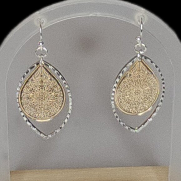 Hand-hammered Delicate Gold-Silver Filagree Open, Spinner Teardrop Earrings - Picture 5 of 15
